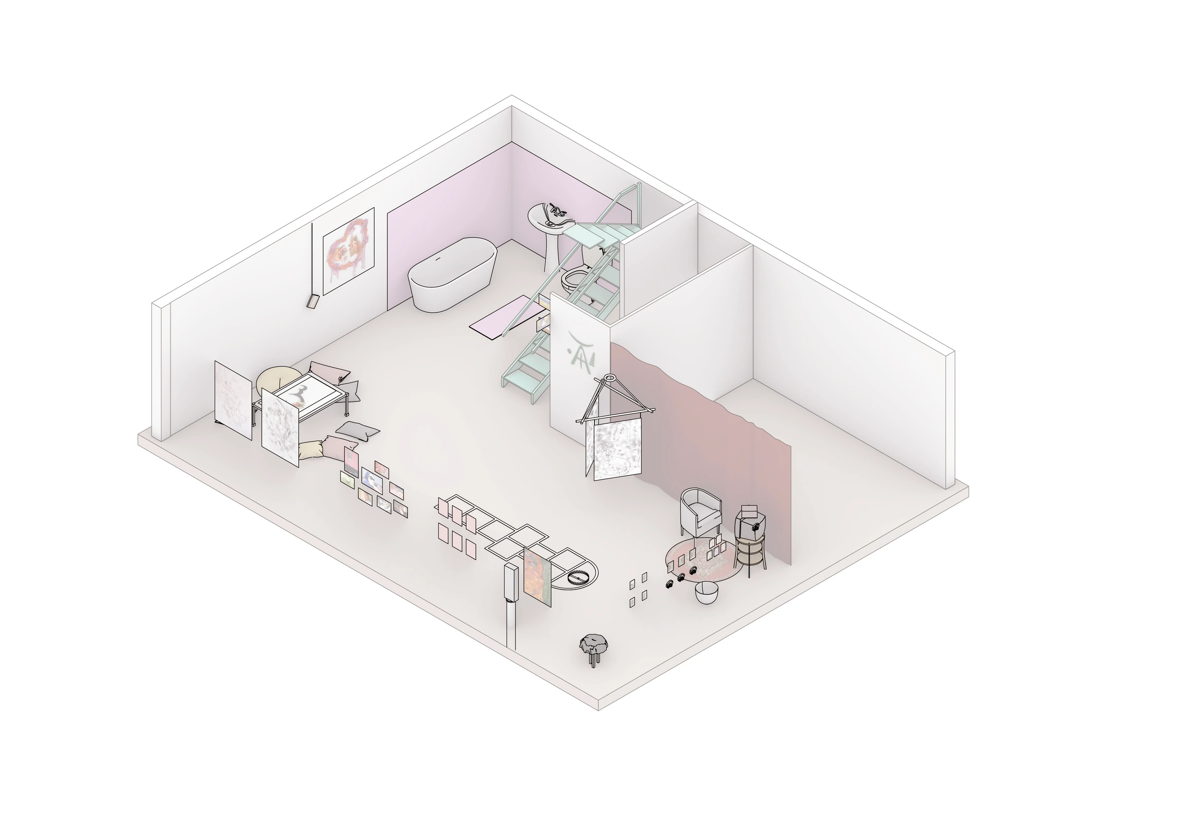 Line axonometric study of the exhibition layout, with artworks, furniture and a central stair.