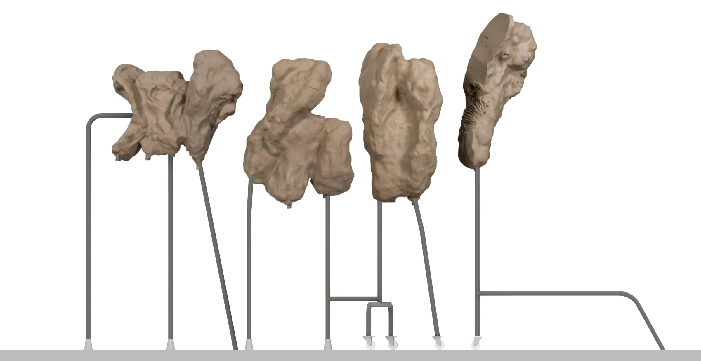 Digital elevation of four sculptures and their distinct metal supports.