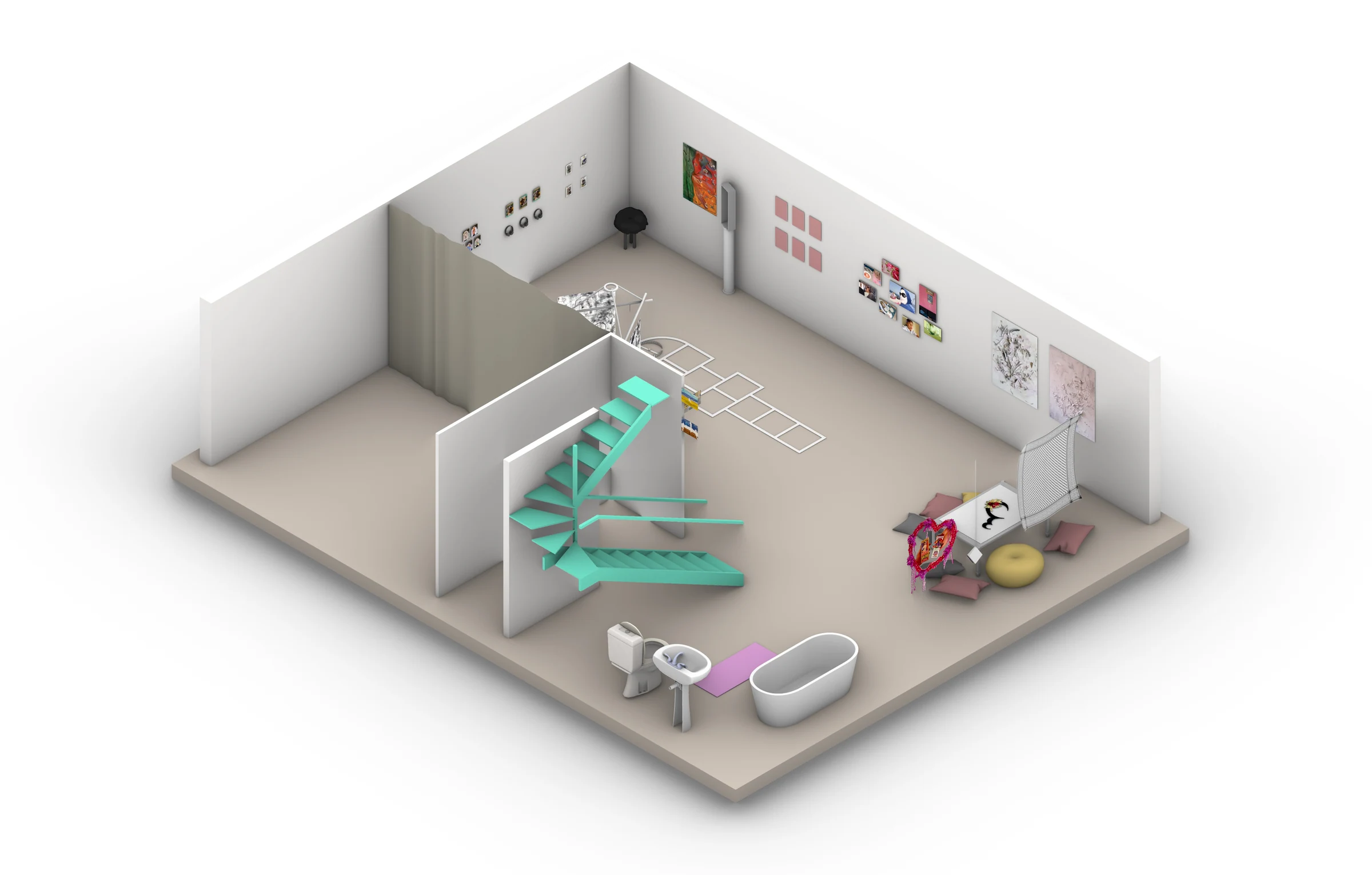 Rendered axonometric view of the exhibition, showing the central stair, artworks and a low table with cushions.