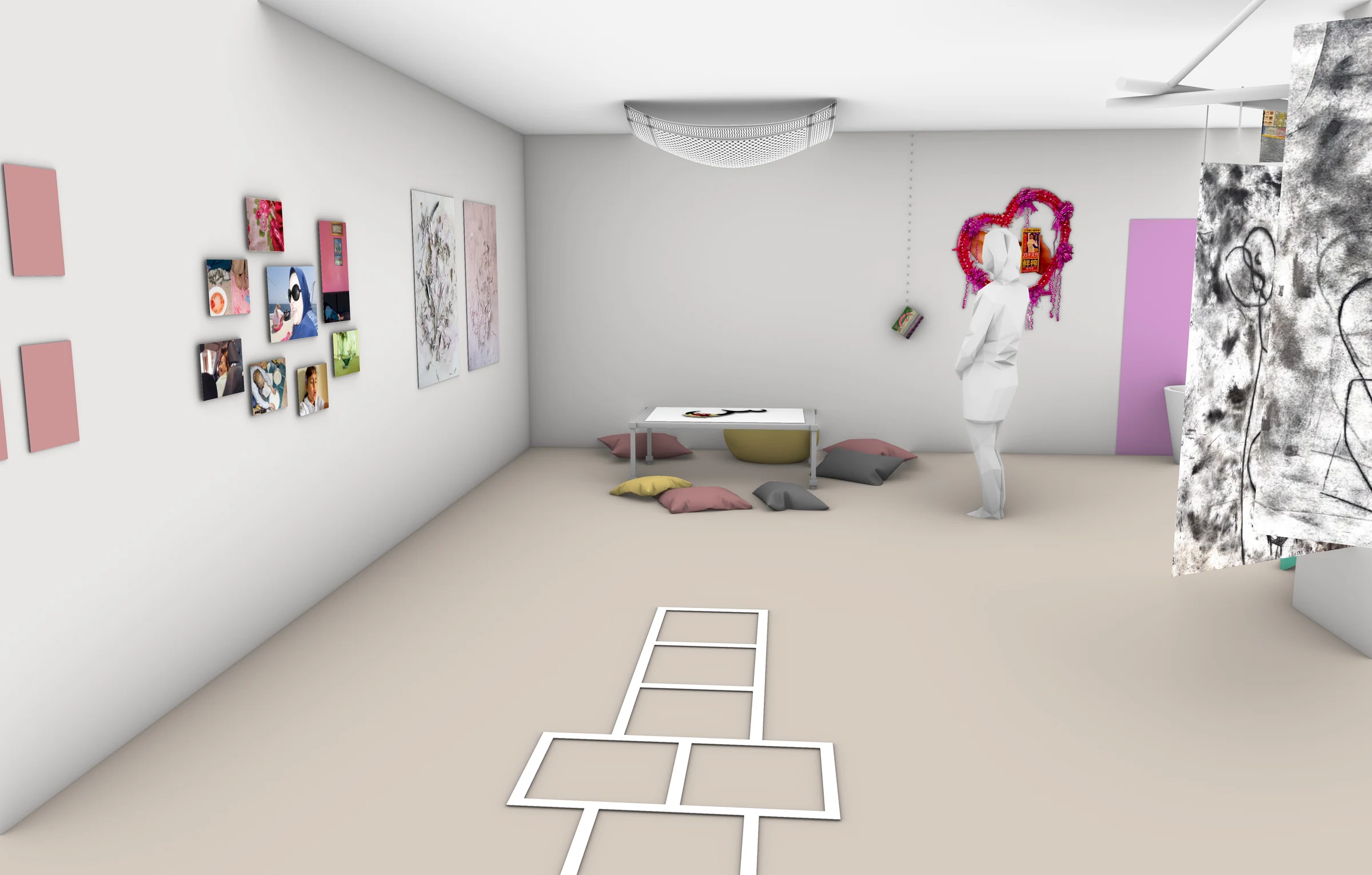 Digital interior perspective of the proposed exhibition, with the floor work, gathering table and suspended pieces.