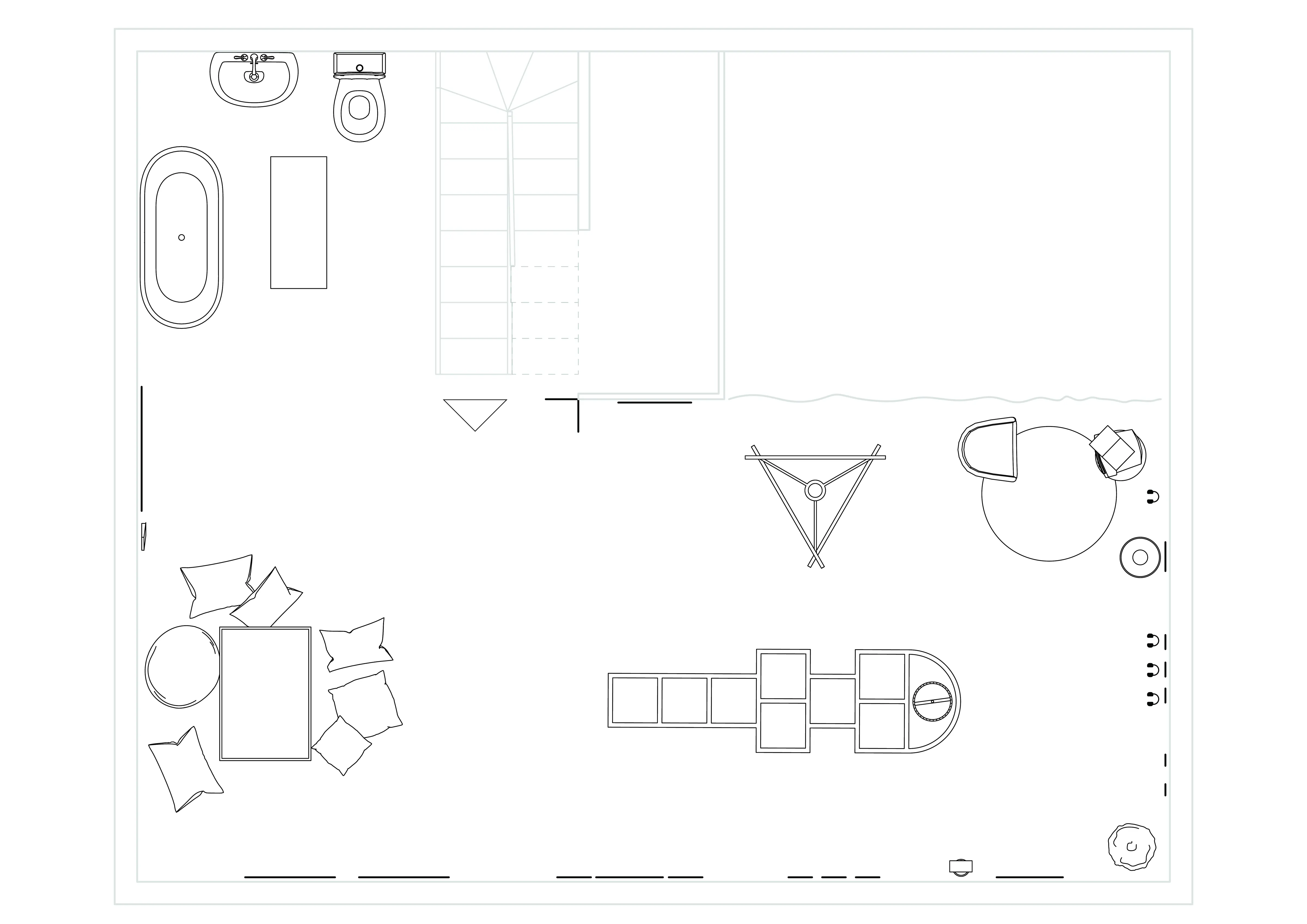 Top-down exhibition plan showing the staircase, artwork positions and low seating arrangement.