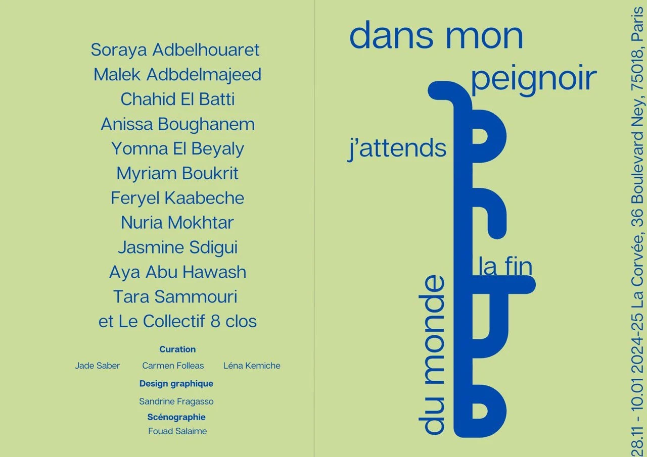 The exhibition's green and blue graphic, with its French title and artist, curator and design credits.