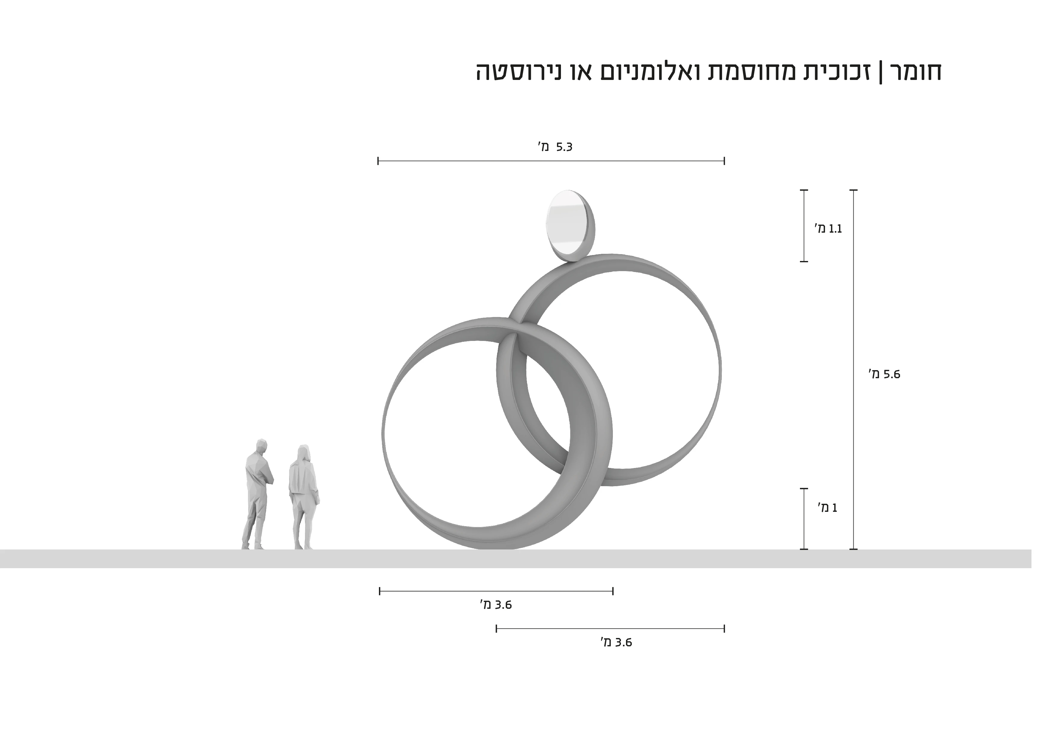Dimensioned front view of the sculpture, with people indicating its scale.