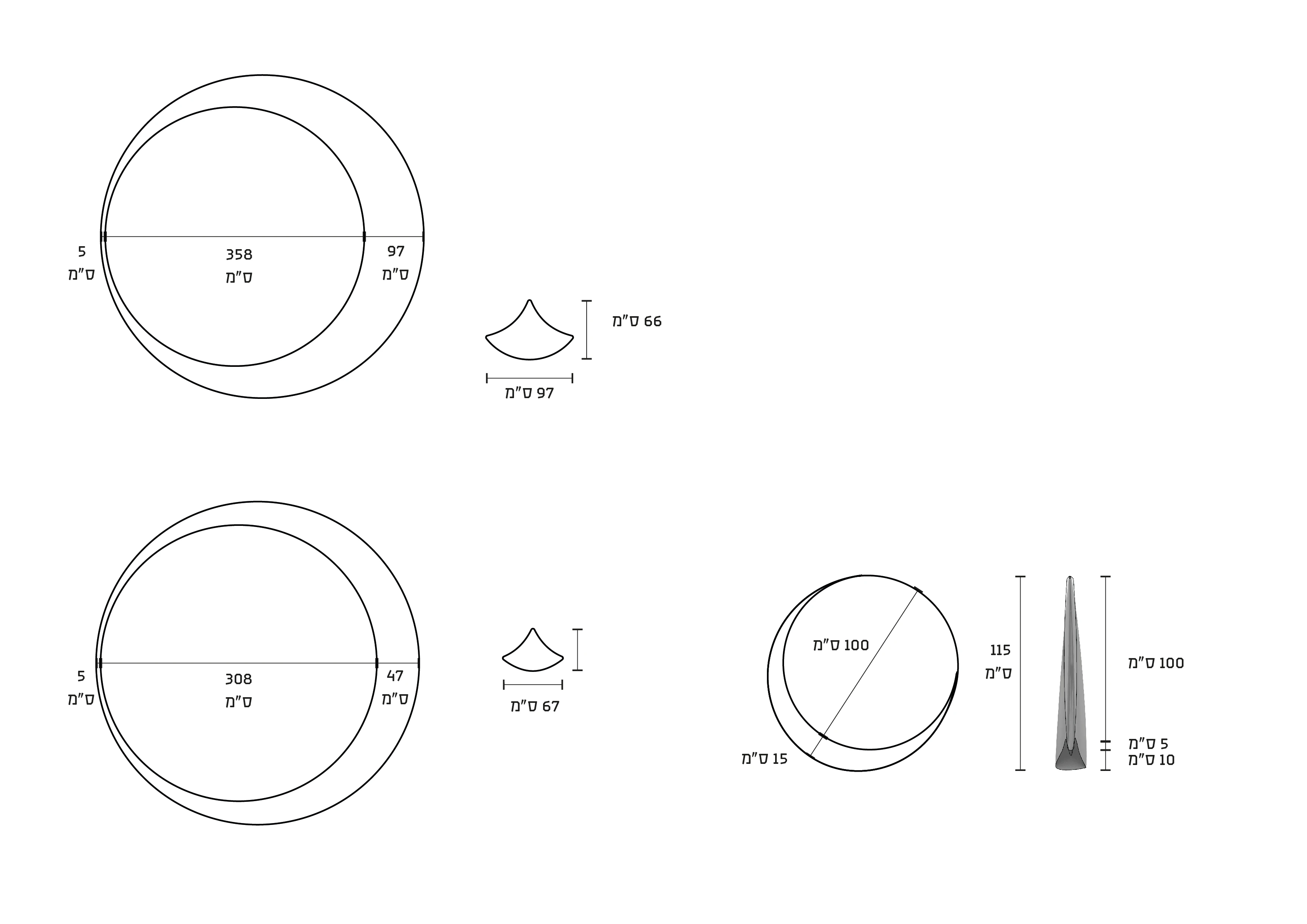 Technical outline of the sculpture’s circular parts and cross sections.