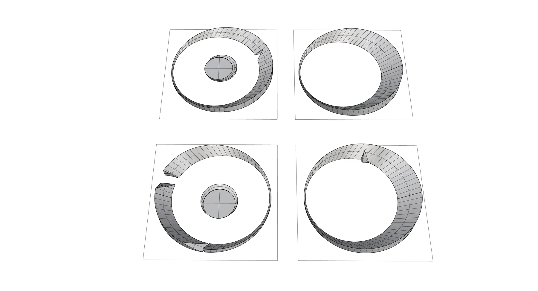 Four detailed views of the sculpture’s circular components and inner profiles.