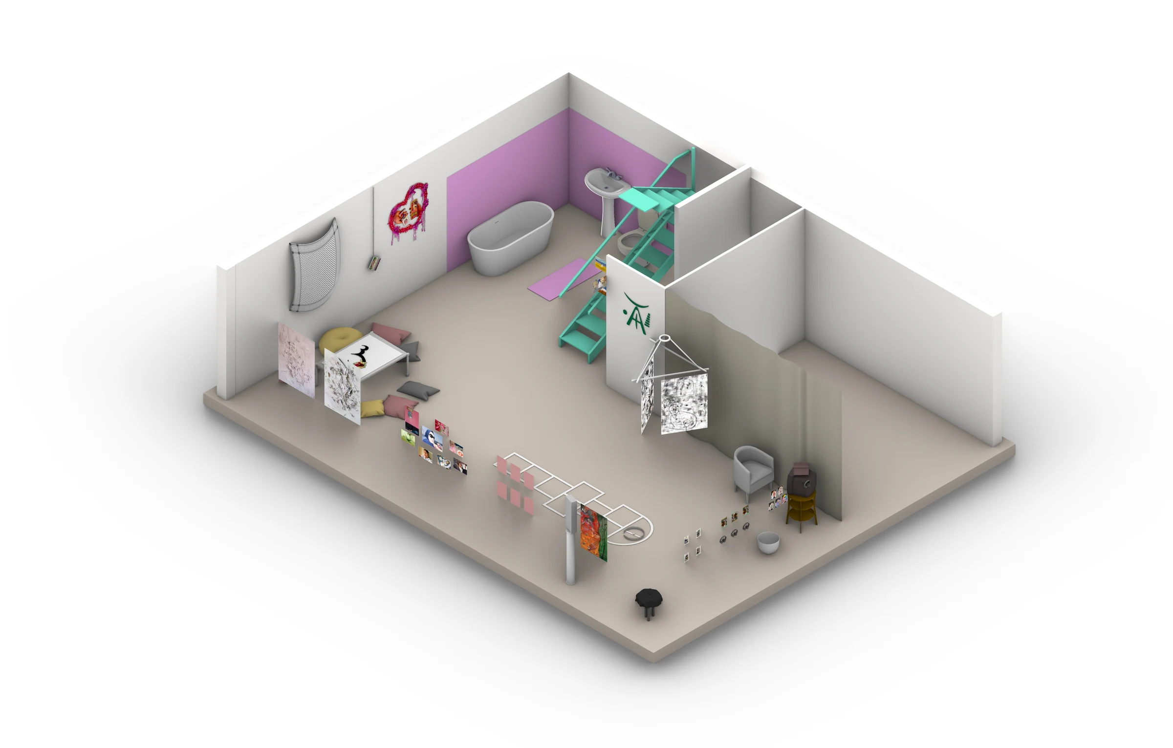 Reverse axonometric view of the exhibition layout, showing the purple wall, bath and arrangement of artworks.