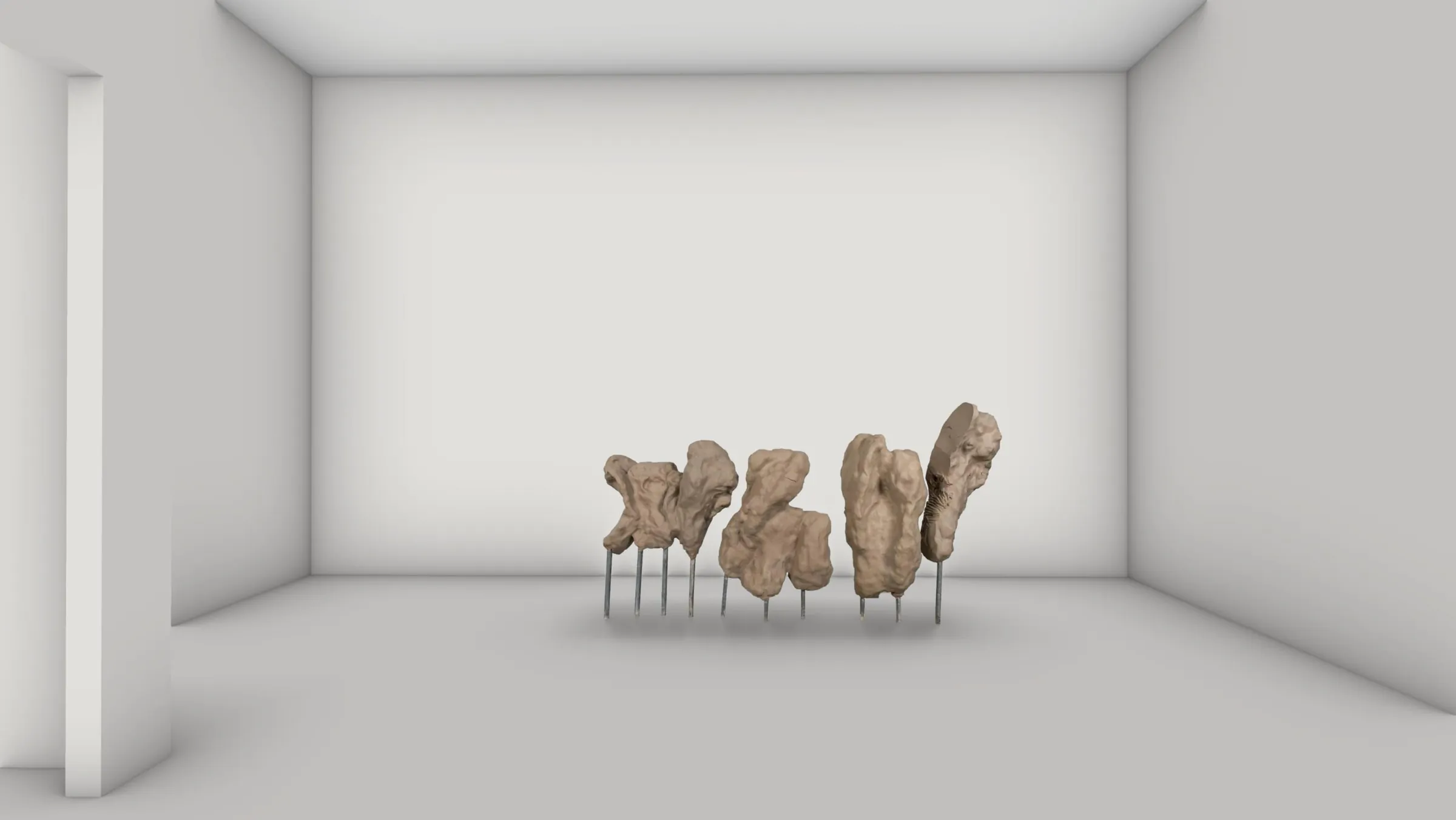 A wider digital gallery study showing the sculptures in relation to the room and its opening.