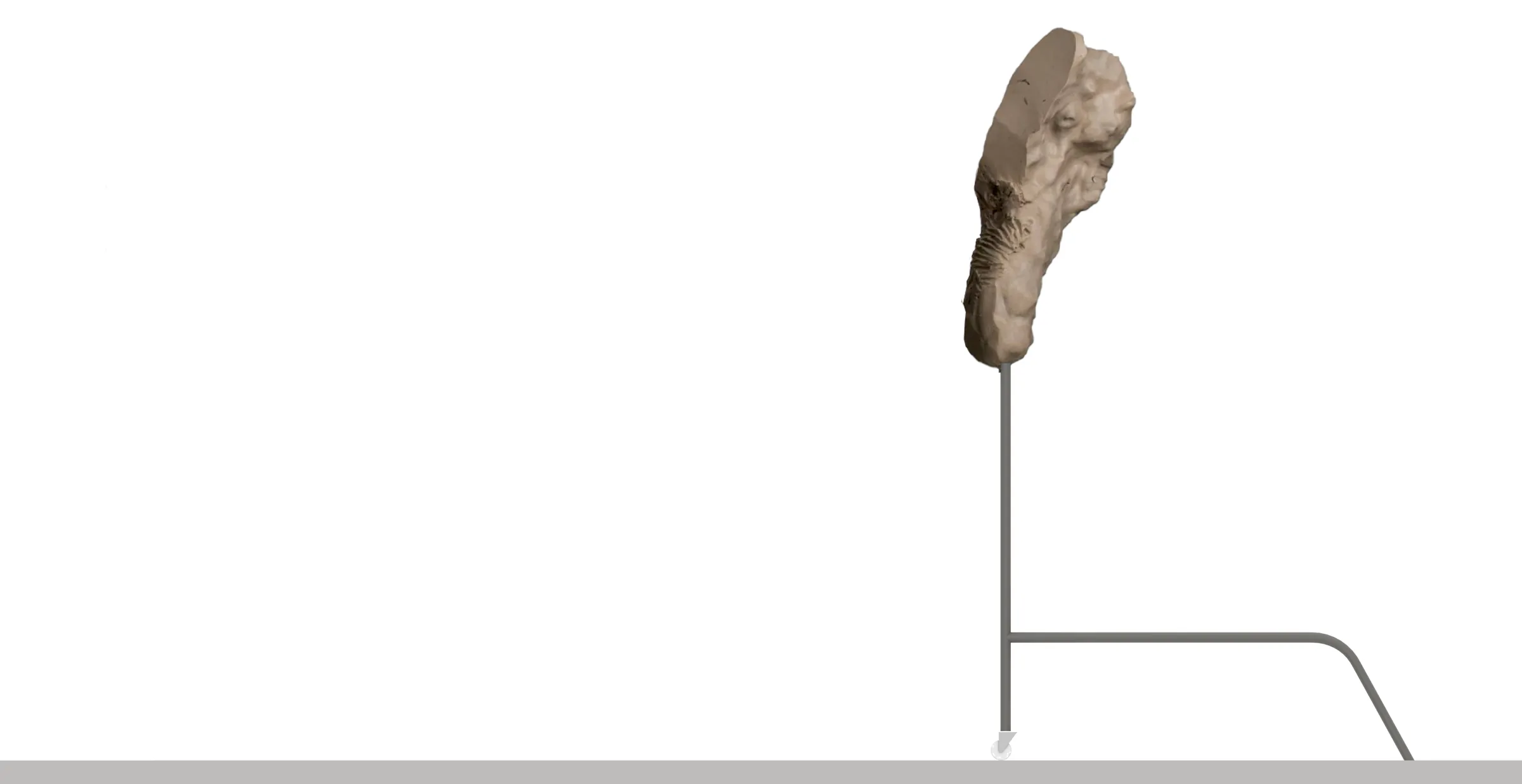 Digital study of a tall narrow sculpture and a metal stand extending to one side.