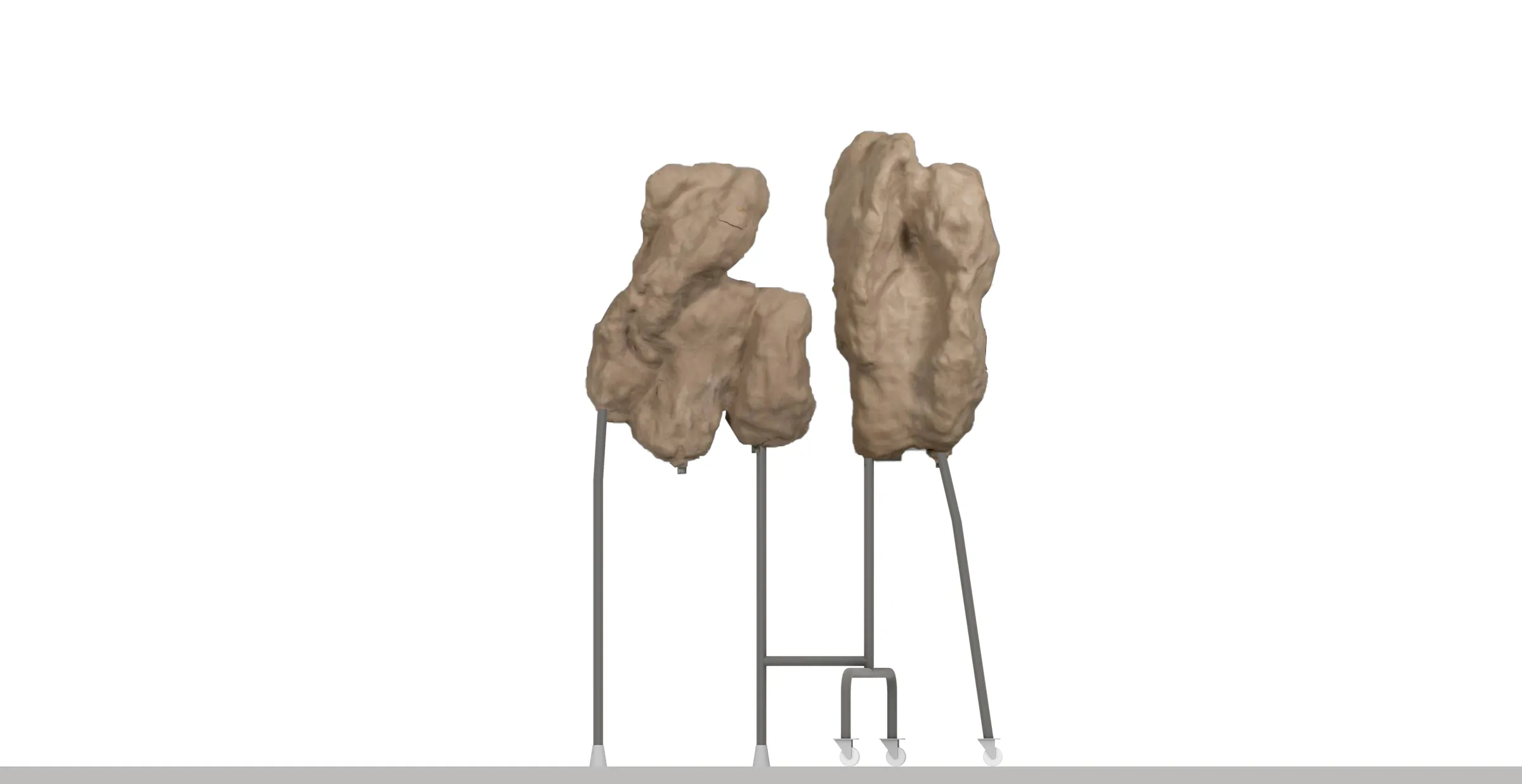 Digital study of two forms with slender vertical supports and bent feet.